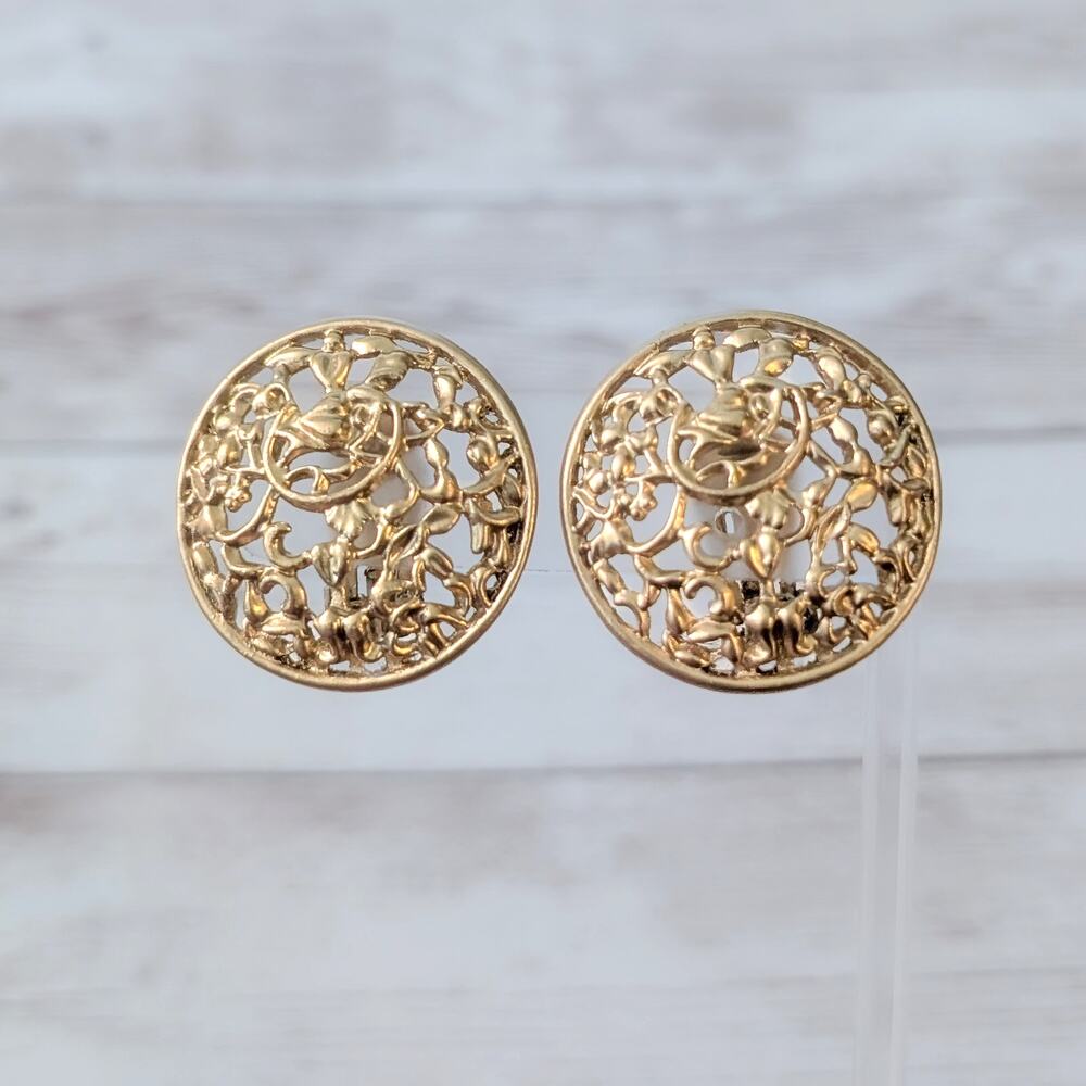 Vintage Clip On Earrings - Very Large 1.5" Gold Tone Ornate Circle Statement